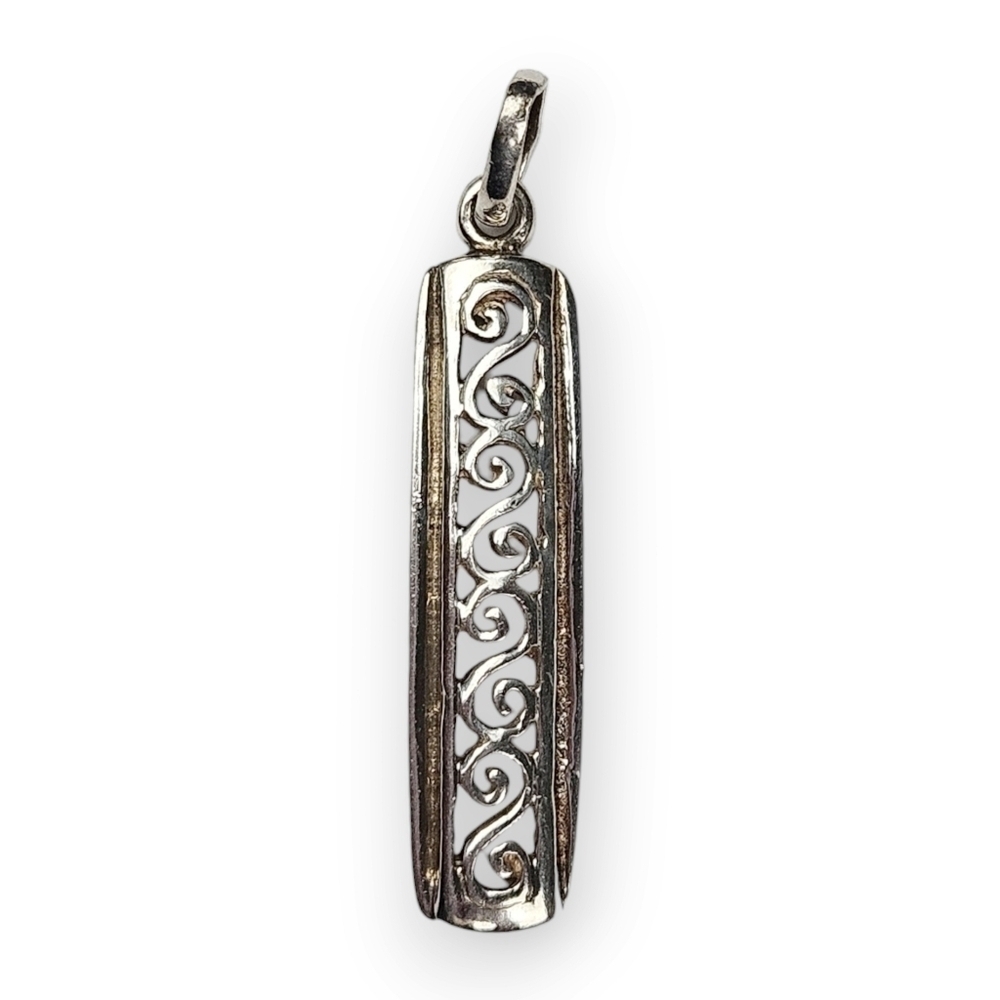 Sterling Scrolled Bar Pendant Ornate Floral Vine Filigree 925 Silver 1 3/8" Long